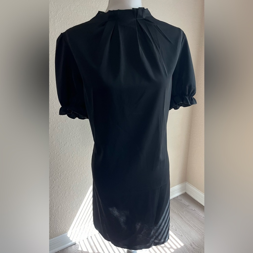 Puff Sleeved Little Black Dress With Gathered Neck - Picture 4 of 10